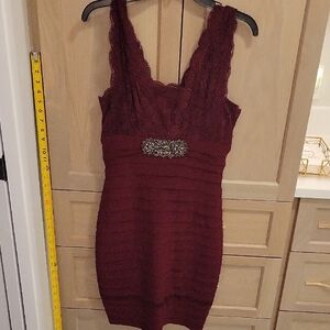 Betsy & Adam Burgundy Lace Mini Dress